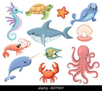 Cute Vector Meeresbewohner. cartoon lächelnd Meer Tiere. co verodert Meer Fische und Seepferdchen, Wal und Octopus illustration Dichtung crab Shell shark Oktopus sh Stock Vektor