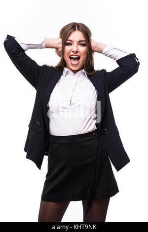 Nahaufnahme der wütend kreischen Unternehmer vor einem weißen Hintergrund Stockfoto