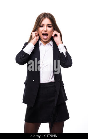 Nahaufnahme der wütend kreischen Unternehmer vor einem weißen Hintergrund Stockfoto
