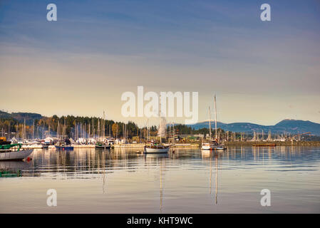 Blick auf die Fischerboote in Ladysmith Marina bei Sonnenuntergang, in Vancouver Island, British Columbia, Kanada Stockfoto
