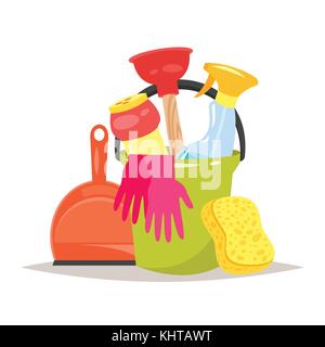 Vektor Cartoon Stil Abbildung: Reinigung Service Tools Banner. Die allgemeine Ordnung und Sauberkeit Symbole. auf weißem Hintergrund. Stock Vektor