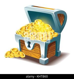 Vektor Cartoon Stil Abbildung: Offene Schatztruhe mit Gold. auf weißem Hintergrund. Spiel Benutzeroberfläche (GUI) Element für Videospiele, c Stock Vektor