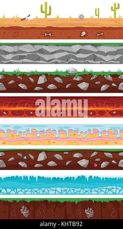 Vektor cartoon style Set verschiedener Nahtlose gründen, Böden und Flächen für Spiele. Spiel Benutzeroberfläche (GUI) Element für Videospiele, Computer oder Web d Stock Vektor