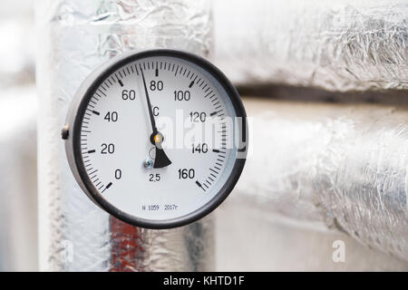Thermometer in Pipeline System Industrie Fokus Nahaufnahme Stockfoto