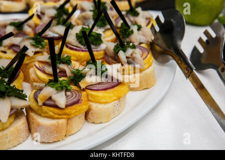 Eine Platte mit Snacks auf ein Buffet. Auswahl an leckeren Bruschetta oder Häppchen auf geröstetem Baguette mit Kartoffeln Heringe Fisch, rote Zwiebeln. wäs Stockfoto