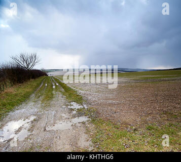 Feld Landschaft im Winter mit Wolkenbruch über die fernen Hügel, Yorkshire Wolds Stockfoto