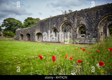 Ein Bogen ehemalige Türrahmen auf Whalley Abbey Ruinen steht, wilden Blumen in Ribble Valley Lancashire wachsende Stockfoto