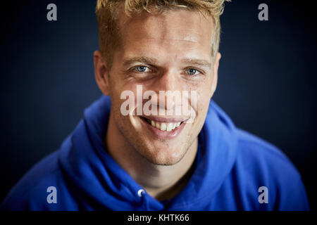 Portrait Bild von Jonas Lössl, einer dänischen professioneller Fußballspieler wer spielt als Torwart für Premier League Club Huddersfield Town. Stockfoto