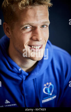 Portrait Bild von Jonas Lössl, einer dänischen professioneller Fußballspieler wer spielt als Torwart für Premier League Club Huddersfield Town. Stockfoto