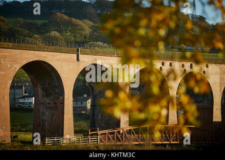 Herbst in Ribble Valley Village Whalley in Lancashire, Whalley Viadukt oder Bögen und den Fluss Calder Stockfoto