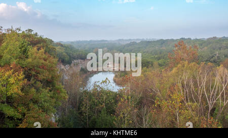 Luftaufnahme des Sees versteckt im Wald mit Nebel über den Bäumen Stockfoto