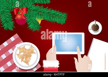 Finger von Santa Claus berührt einen leeren Bildschirm des Tablet-PC bereit für Ihren Text über den Tisch mit Zweig der Weihnachtsbaum, Weihnachten Bonbons auf dem Stock Vektor