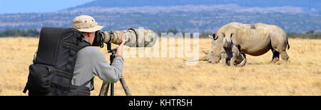 Professionelle Naturfotograf auf Safari. rhino Schuß Stockfoto