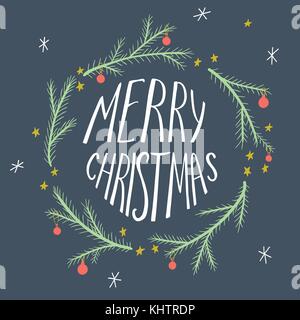 Weihnachtskarte mit Hand ertrinken eingerichtete Zweige von Nadelgehölzen und Buchstaben Stock Vektor