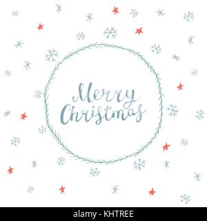Weihnachtskarte mit Hand ertrinken runden Rahmen, Schneeflocken, Sterne und Beschriftung Stock Vektor
