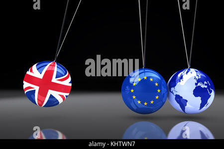 Brexit-Effekt und globale folgen Geschäftskonzept mit Union Jack, EU-Flagge auf Kugeln und Welt Karte Globus 3D Illustration. Stockfoto