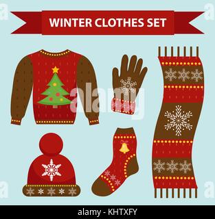 Winter warme Kleidung Icon Set, flacher Stil. Weihnachten Bekleidung, Bekleidung Sammlung mit Mustern. Mütze, Schal, Handschuhe, Pullover. auf weißem Hintergrund. Vector Illustration. Stock Vektor