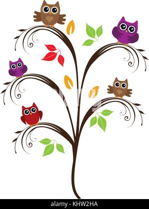 Vector Illustration von Owl Baum. Natur cartoon Hintergrund. Spaß Vögel auf den Ästen nettes Design. Stock Vektor