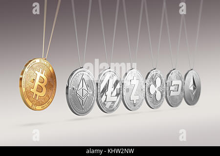 Bitcoin auf der Newton Wiege fördert und beschleunigt andere cryptocurrencies und hin und her. cryptocurrencies Steigerung der Preise ein anderes Konzept. 3d Stockfoto