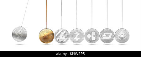Des astraleums Münze auf der Newton Wiege fördert und beschleunigt andere cryptocurrencies und hin und her. cryptocurrencies Steigerung der Preise einander anhand von quantitativen Simulatio Stockfoto