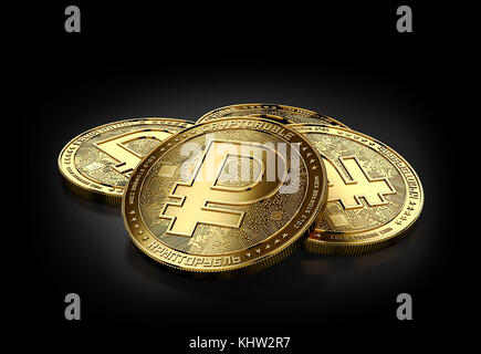 Stapel mit vier goldenen Crypto Rubel Münzen Festlegung auf dem schwarzen Hintergrund. 3D-Rendering Stockfoto