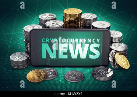 Cryptocurrency news Text auf dem Bildschirm des Smartphones durch Stapel von verschiedenen crypto Münzen umgeben. Titel Bildschirm für den letzten cruptocurrency Nachrichten. 3d-Lllustrat Stockfoto