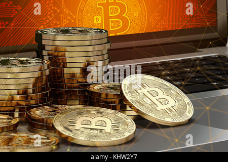 Nahaufnahme auf bitcoin Stapel Verlegung auf Computer mit bitcoin Logo auf dem Bildschirm und blockchain Knoten herum. bitcoin blockchain gefährdeten Konzept. 3d-r Stockfoto
