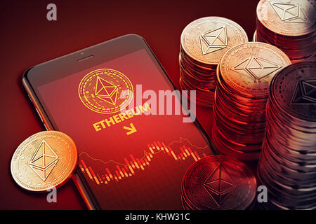 Smartphone mit Ethereum-Kartensymbol auf dem Bildschirm zwischen Ätherstapeln. Ethereum Down-Konzept. 3D-Rendering Stockfoto