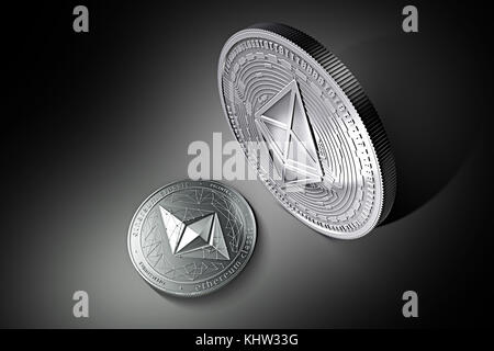 Winzige silber Astraleums Classic (ETC) auf dem Boden vor der riesigen Silber Astraleums (ETH) Münze. Herrschaft des Astraleums Konzept. 3D-Rendering. Neue vi. Stockfoto