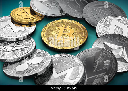 Große Stapel von cryptocurrencies in einem Kreis mit einem goldenen Bitcoin in der Mitte. Bitcoin als wichtigste cryptocurrency Konzept. 3D-Darstellung Stockfoto