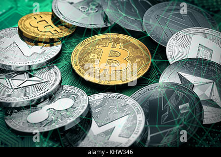 Große Stapel von cryptocurrencies in einem Kreis mit einem goldenen Bitcoin in der Mitte. Bitcoin als wichtigste cryptocurrency Konzept. 3D-Darstellung Stockfoto