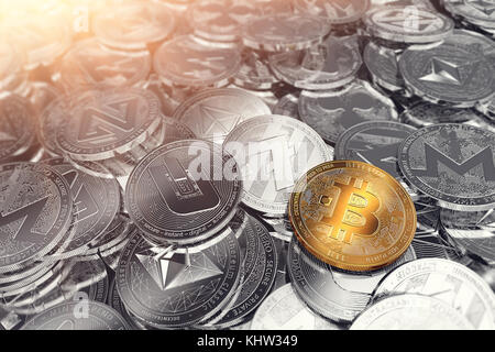 Ein riesiger Stapel physischer Kryptowährungen mit Bitcoin an der Front als Anführer von neuem virtuellem Geld. 3D-Rendering Stockfoto