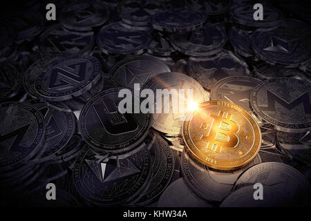 Ein riesiger Stapel physischer Kryptowährungen mit Bitcoin an der Front als Anführer von neuem virtuellem Geld. 3D-Rendering Stockfoto