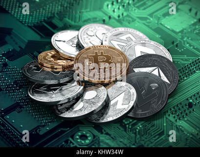 Große Stapel von cryptocurrencies in einem Kreis mit einem goldenen Bitcoin in der Mitte. Verschiedene cryptocurrencies Konzept. 3D-Darstellung Stockfoto