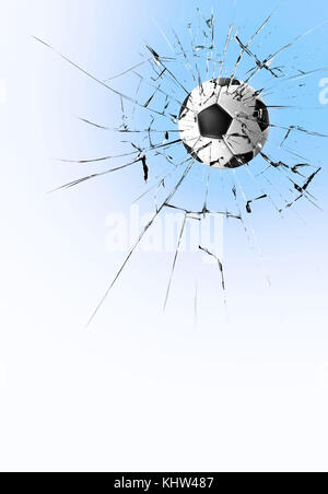 Fußball Glasbruch oder Fußball zerschlägt das transparente Glas Stockfoto