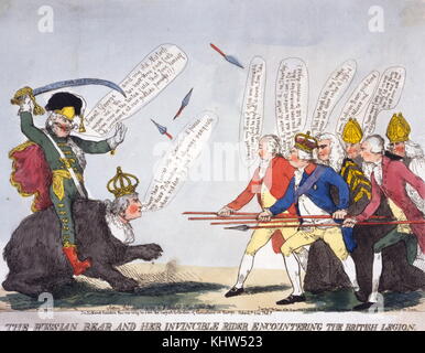 Cartoon mit dem Titel "Der Russische Bär und Ihre unglaubliche Rider Begegnung mit dem British Legion" von W. Holland. Die Karikatur zeigt Grigorij Potemkin (1739-1791) mit einem Schwert hob Overhead und tragen Uniform eines Husar, während der Fahrt Katharina die Große (1729-1796), der wie ein schwarzer Bär gekleidet ist. Sie nähern sich König Georg III. (1738-1820) und seine Minister: William Pitt der Jüngere (1759-1806) James Cecil, 1 Salisbury (748-1823) und Edward Thurlow, 1. Baron Thurlow (1731-1806), der Speere tragen, von denen drei ihre Punkte weg gebrochen hatten; hinter Ihnen stehen zwei Bischöfe. Stockfoto