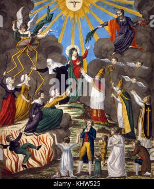 Cartoon mit dem Titel "Der Triumph der Religion'. Die Karikatur zeigt Papst Pius VII., Kardinal Caprara, und andere Mitglieder des Klerus (Mitte rechts) Suche nach dem Geist des Lichtes, das von den wohltuenden Strahlen aussenden von einer Taube (oben Mitte) Abschied die dunklen Wolken der Unwissenheit und Intoleranz zu erhalten. Jesus (rechts oben) sitzt mit einem Kranz von Rosen und Verlängerung der Palmwedel auf die Jungfrau Maria, mit einer Nonne an ihrer Seite. Ein Erzengel (oben links) Streik Frauen revolutionäre mit den Schrauben der Blitz aus seinem Schild. Eine Feuergrube (unten links) und andere Revolutionäre. Stockfoto