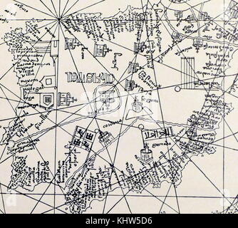 Karte von Spanien aus dem Katalanischen Atlas von Abraham und Jahuda Crescas. Vom 14. Jahrhundert Stockfoto