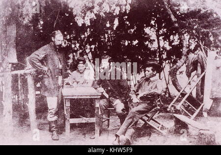 Foto einer Gruppe an der Secret Service, der Zentrale. Armee des Potomac, Antietam, Oktober, 1862. (Von links nach rechts): Seth Paine, G. H. Thiel, George H. Knalle und William Pinkerton. Vom 19. Jahrhundert Stockfoto