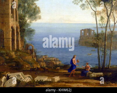 Gemälde mit dem Titel "Coast View mit Apollo und der Cumaean Sibyl' von Claude Lorrain. Claude Lorrain (1600-1682), französischer Maler, Zeichner und Kupferstecher. Vom 17. Jahrhundert Stockfoto