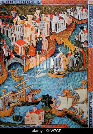 Gemälde der Darstellung Marco Polo Venedig verlassen. Marco Polo (1254-1324) eine venezianische Kaufmann Reisenden. Vom 13. Jahrhundert Stockfoto