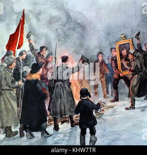 Malerei, die die Verbrennung einer Portrait von Zar Nikolaus II. Während der Februarrevolution 1917. Vom 20. Jahrhundert Stockfoto