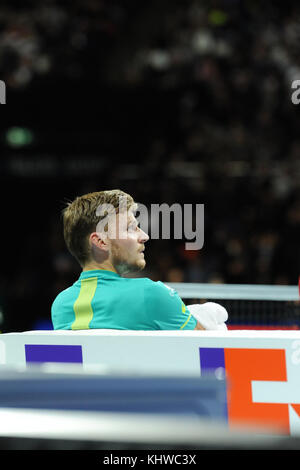 London, Großbritannien. November 2017. David Goffin (BEL) schaute sich die Scoreboard während des Einzel-Wettbewerbs in den Nitto ATP Finals in der O2 Arena in London, Großbritannien, an. Die Association of Tennis Professionals (ATP) Finals sind die Meisterschaften am Saisonende und bieten die 16 besten Einzelspieler sowie einen Doppelwettbewerb. Das Turnier ist nach den vier Grand Slam Turnieren die zweithöchste Spielklasse der Herren-Tennisturniere. Roger Federer (SUI) hält mit sechs Siegen den Rekord für die meisten Einzeltitel. Die Veranstaltung zieht mehr als eine Viertelmillion Zuschauer an und generiert einen Stockfoto