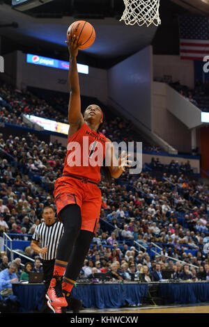 Hartford, CT, USA. 19 Nov, 2017. Ieshia Klein (1) der Maryland Dosenschildkröten Drives zum Korb während eines Spiels gegen die Uconn Huskies am XL Center in Hartford, CT. Gregory Vasil/CSM/Alamy leben Nachrichten Stockfoto