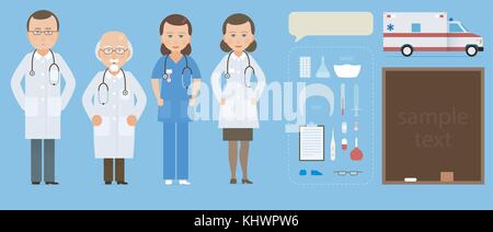 Medizin mit Ärzten und Krankenschwestern im flachen Stil auf blauem Hintergrund isoliert. Praktiker junge Ärzte Mann und Frau stehen. Medizinisches Personal, ambu Stock Vektor