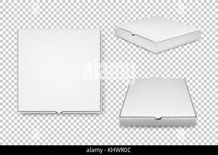 Realistische Vektor weiß Pizzakartons Icon Set. Corporate Identity und Branding Elemente. closeup auf Transparenten Hintergrund isoliert. Design Template, Mockup in eps 10. Stock Vektor