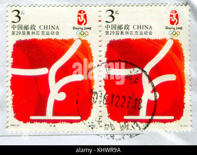 GOMEL, WEISSRUSSLAND, 27. OKTOBER 2017, Briefmarke gedruckt in China zeigt das Bild des Beijing 2008, um 2006. Stockfoto