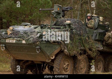 Soldaten aus der 1. Staffel, 2d-Cavalry Regiment in ihren Stryker bekämpfen Fahrzeug sind Ausbildung in einem Kampf gegen die gegnerischen Kräfte während der Alliierten Geist VII an der 7th Army Training Befehl Hohenfels Training Area, Deutschland, Okt. 30 bis Nov. 22, 2017. Allied Geist ist ein US-Army Europe, 7 ATC-durchgeführte multinationale Übung Serie ausgewählt zu entwickeln und die NATO-Staaten die Interoperabilität und die Bereitschaft zu verbessern. Stockfoto