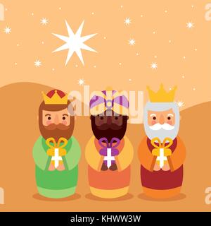 Feliz Dia de los Reyes drei magische Könige bringen Geschenke zu Jesus Stock Vektor