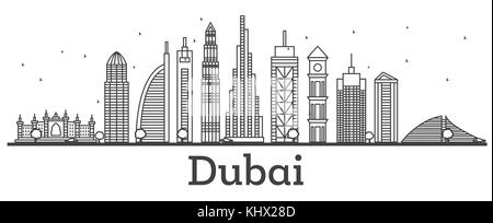 Umrisse Dubai uae Skyline mit modernen Gebäuden. Vector Illustration. line Art Stadtbild mit Sehenswürdigkeiten. Stock Vektor